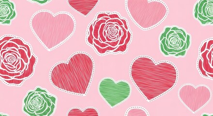 Naklejka premium Seamless pattern with embroidered hearts and roses in pink, red, and green on a light pink background, perfect for romantic or decorative designs.