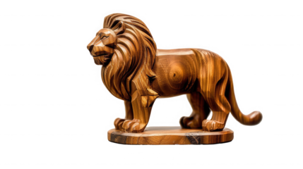 Handcrafted wooden sculpture depicting a majestic lion in a stylized geometric form standing proudly on transparent background