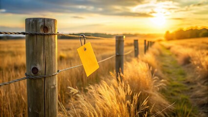 A rustic electric fence stands sentinel in a deserted field, its yellow tag fluttering aimlessly in the breeze