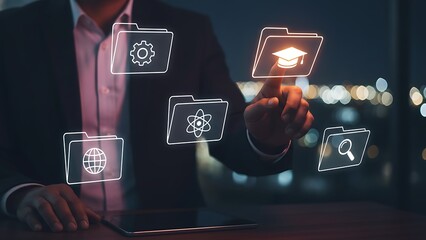 Man interacting with digital icons representing data learning and technology concepts