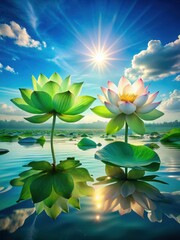 Delicate green lotus blooms float serenely beneath the surface, their majestic beauty reflected in the radiant blue expanse above