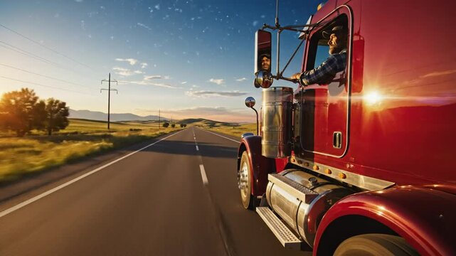 Red Semi Truck Drives Down Highway into Sunrise with Smiling Driver in the Cab on Sunny Day