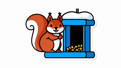 A cute cartoon squirrel stands by a blue bird feeder filled with seeds, a snowy top