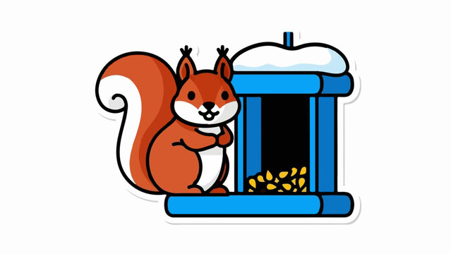 A cute cartoon squirrel stands by a blue bird feeder filled with seeds, a snowy top