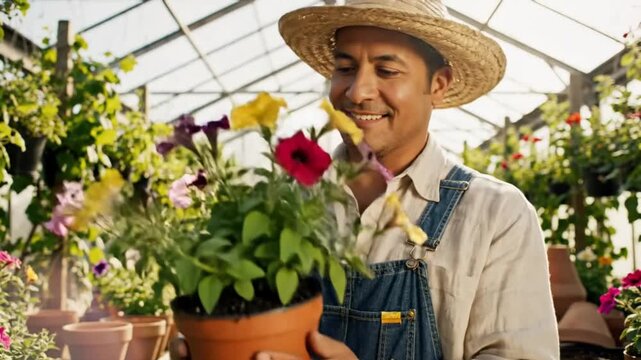 Happy gardener in a straw hat holds a colorful flower pot while smiling inside a greenhouse
