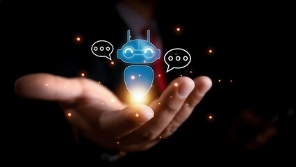 A hand presenting a glowing holographic robot with communication bubbles