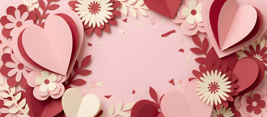 Enchanting Floral Heart: A delightful collection of handmade paper flowers and hearts encircles an inviting expanse, ready for your personalized message. Its a perfect theme for love, romance.