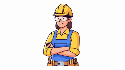 A friendly cartoon construction worker in yellow hard hat, blue overalls, and tool belt