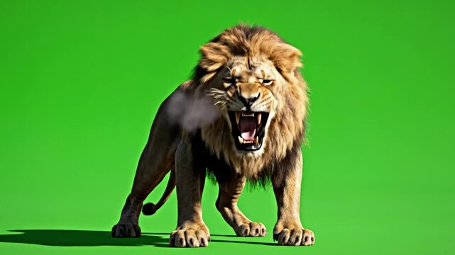 Majestic lion roars and bares fangs on a green screen background in a dramatic wildlife scene