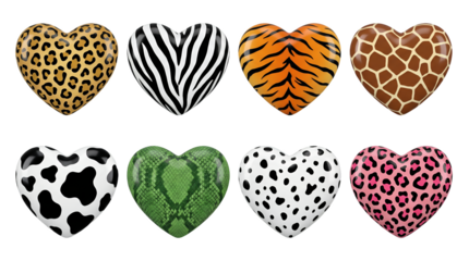 Heart shape set including leopard, zebra, tiger, giraffe, cow, snake, dalmatian, and pink cheetah animal prints isolated. Decorative graphic elements for fashion and valentines design.