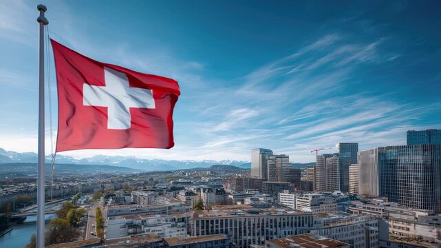 Swiss flag waving over zurich cityscape with distant alps under bright blue sky, 4k video