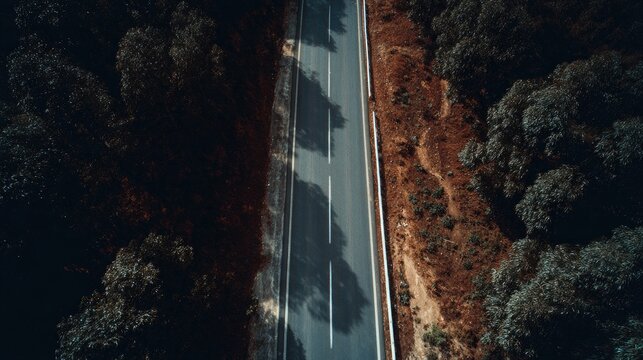 Aerial view of road bisecting dark forest and dry terrain - Powered by Adobe