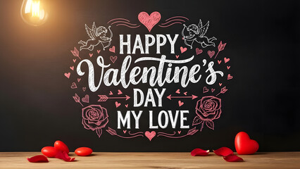 Happy Valentine's Day My Love Chalkboard Art with Cupid Angels Roses Hearts Arrows Romantic Greeting Card Design Black Background High Resolution Stock Photo Wallpaper