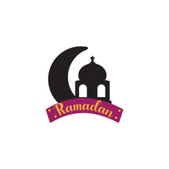 Islamic Ramadan Kareem badge vector illustration. Sticker template badge with mosque and Islamic shape
