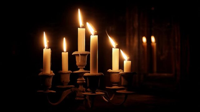 Lit candles on candelabra against dark background