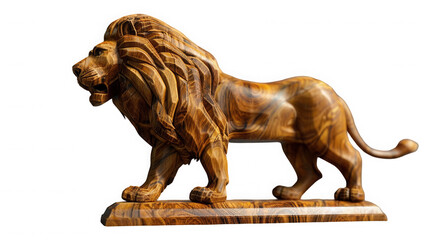 Majestic wooden carving depicting a standing male lion full of detailed craftsmanship and rich natural wood grain on transparent background