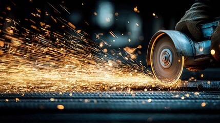 A close-up of a worker using a grinding tool, creating sparks, showcasing the intensity and precision of metalworking in an industrial setting.