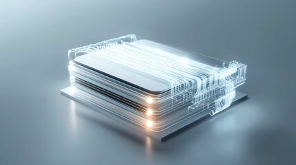 Cross-section of a next-generation solid-state battery, revealing its layered, crystalline structure, glowing with stored potential energy, clean laboratory environment, macro photography,