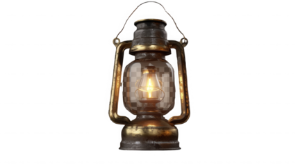 Detailed rendering of a vintage brass hurricane lantern illuminated with a warm glowing wick flame on transparent background