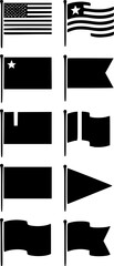 Set of various flag silhouettes on poles. Vector illustration of waving and flat flags, including American flag style, pennants, and blank banners. Collection of national and decorative flag icons iso