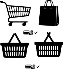 Shopping and e-commerce silhouettes set. Vector illustration of retail icons including a shopping cart, paper bag, and plastic baskets. Payment confirmation symbols with credit card and coins isolated