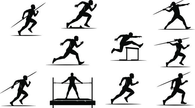 Silhouette athletes running, hurdling, javelin throwing, sprinting, high jump, track and field sports, competition, training, fitness, performance vector illustration