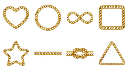 Gold chain set including heart, circle, infinity, square, star, knot, and triangle shapes isolated. Jewelry design and fashion accessory elements.