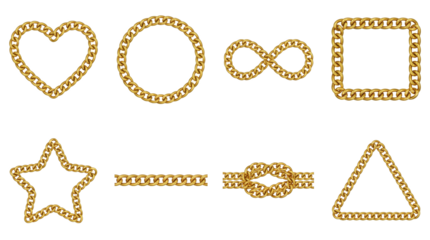 Gold chain set including heart, circle, infinity, square, star, knot, and triangle shapes isolated. Jewelry design and fashion accessory elements.