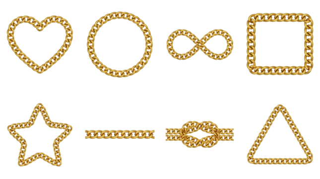 Gold chain set including heart, circle, infinity, square, star, knot, and triangle shapes isolated. Jewelry design and fashion accessory elements. - Powered by Adobe