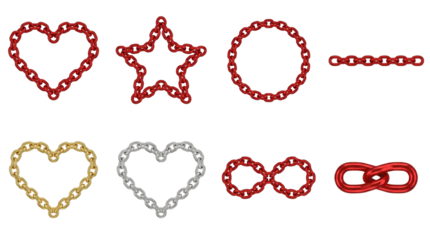 Metallic chain link set including heart, star, circle, infinity, and straight shapes isolated. Jewelry design and industrial connection elements collection.