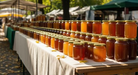 Rows of golden honey jars displayed for sale on a table at an outdoor market, showcasing natural sweetness.