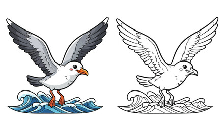 Obraz premium Seagull on Wave Graphic Illustration Featuring Coastal Bird and Ocean Wave Design