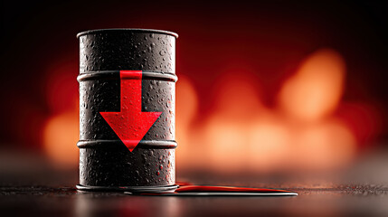 Economic crisis with falling oil barrel price and red down arrow symbol financial risk and market volatility loss concept