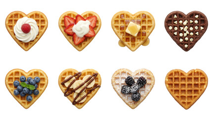 Heart shaped waffles set including toppings of raspberry, strawberry, butter, chocolate, blueberry, banana, and blackberry isolated. Sweet breakfast and dessert collection.