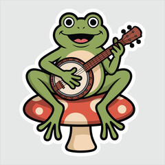 Obraz premium Cute Cottagecore Frog Playing Banjo on Mushroom. Kawaii Nature Sticker Vector Illustration.