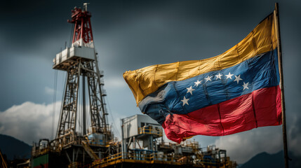 Venezuelan flag waving proudly near industrial oil rig drilling platform showing intense chaotic atmosphere amidst petroleum price volatility