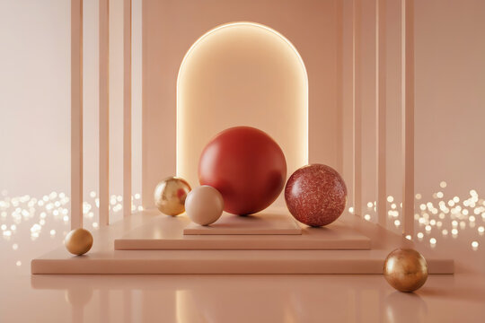 3D Render of Minimalist Product Podium with Neon Glowing Square Frame and Pink Circular Pedestals - Powered by Adobe