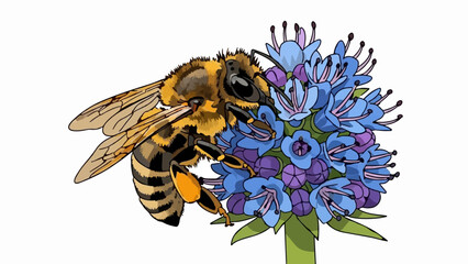 A detailed illustration of a fuzzy bee with striped abdomen and translucent wings collecting nectar from a cluster of blue and purple flowers © kirek