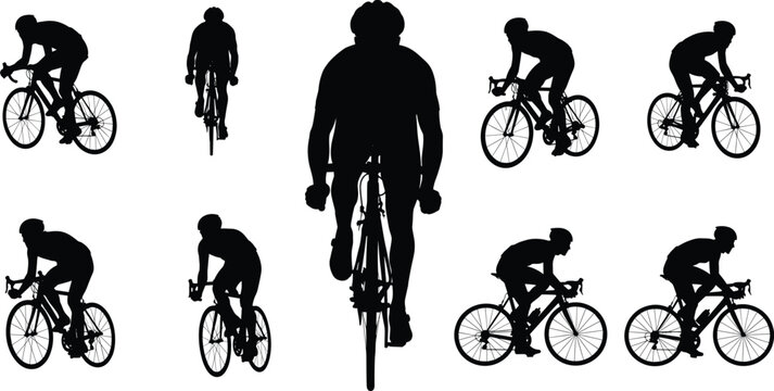 Silhouette cyclists riding road bicycles in multiple dynamic poses, front view, side view, rear view, sports vector illustration design