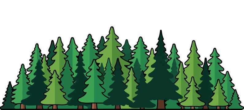 A dense, stylized forest of evergreen trees in varying shades of green