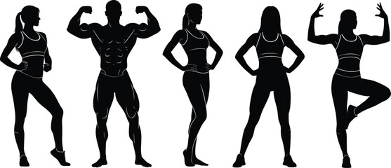 Silhouette fitness poses of athletic men and women in sportswear showing strength, flexibility, yoga, and workout body posture styles