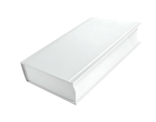 An isolated, hardcover book with blank white cover and page edges