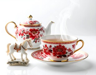 Fototapeta premium Celebrating lunar new year with steaming tea and ornate floral teacup and saucer set