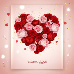 Happy Valentine's Day Neon Sign Glowing Pink Red Lights on Black Brick Wall with Floating Rose Petals and Hearts Romantic Decoration 3D Render High Resolution Stock Image Wallpaper Background