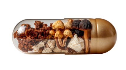 Mushroom variety inside clear and gold capsule against stark black background