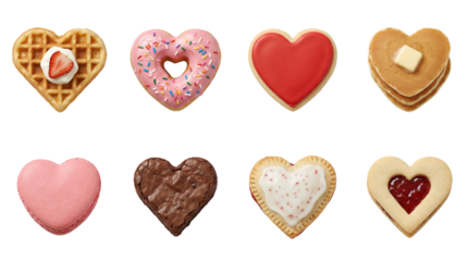 Heart shaped pastry and breakfast food set including waffle, donut, cookie, pancake, and brownie treats isolated. Valentine's day and dessert collection.