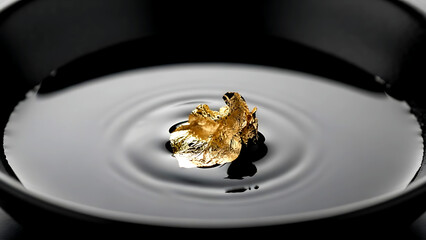 Luxury minimalism of a single gold leaf flake floating on the surface of dark soy sauce in a black ceramic bowl, capturing the precise moment before absorption 