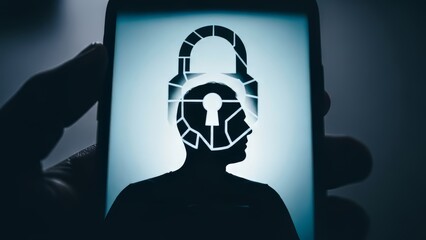Cyber Security Concept with Human Silhouette and Padlock Icon on Digital Smartphone Screen