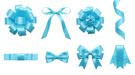 Blue satin ribbon set including decorative pompom bows, classic knots, wavy strips, and swallowtail ends isolated. Gift wrapping and celebration ornament collection.