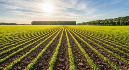 Expansive green agricultural field with uniform rows of young crops under a bright, sunny sky with light clouds